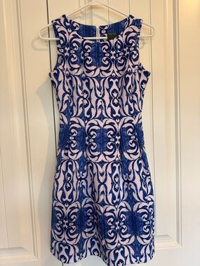 Gabby Skye Blue & Light Pink Sleeveless Patterned Fit-and-Flare Dress